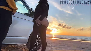 magical sunset sex handy the beach - risky public quickie with girl in tight yoga leggings, projectfundiary